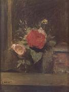 Bouquet de fleurs dans un verre a cote d'un pot a tabac (mk11), Jean Baptiste Camille  Corot